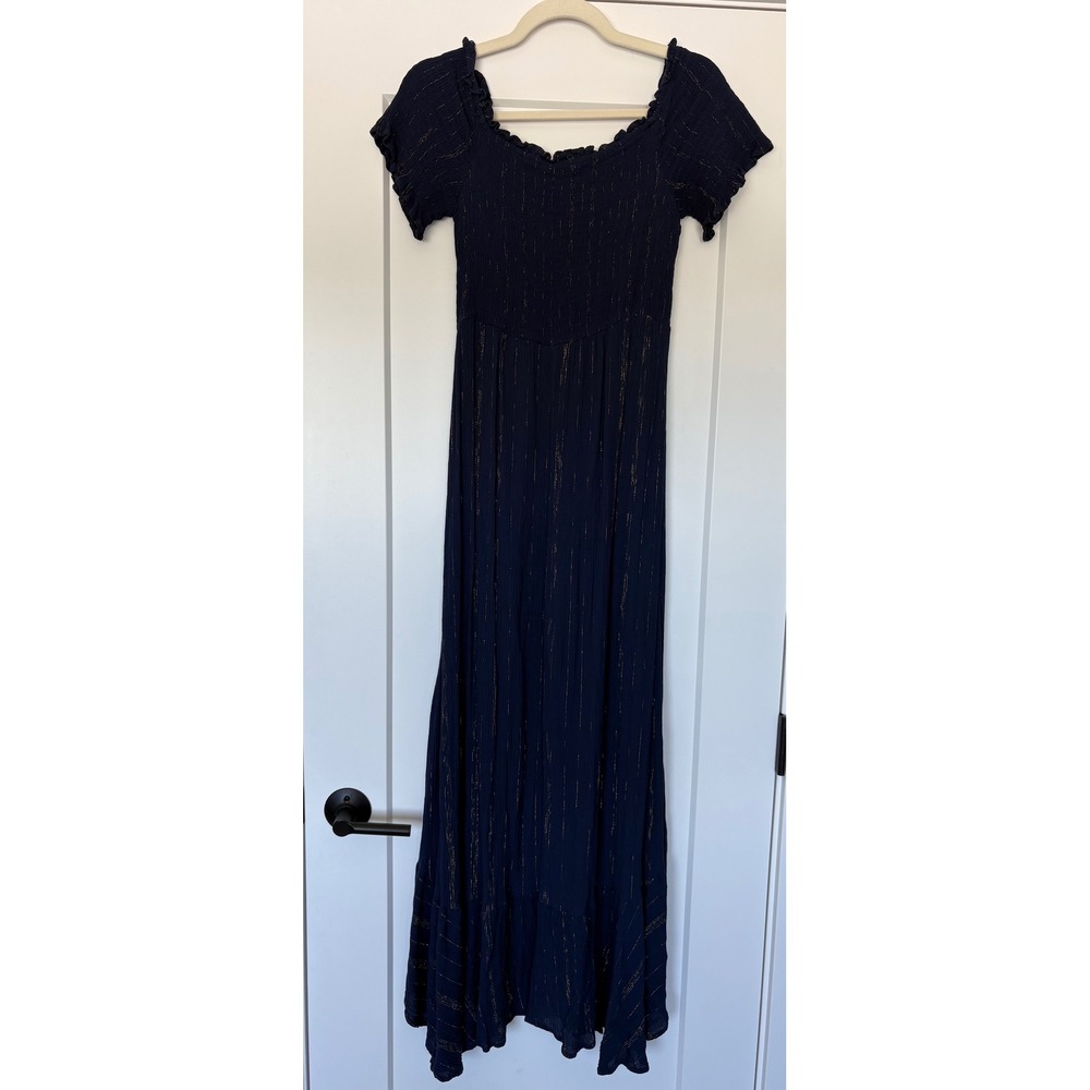 Mi Ami Navy Romantic Parisian Gold Metallic Pinstripe Smocked High Low Maxi‎ L - Picture 4 of 10